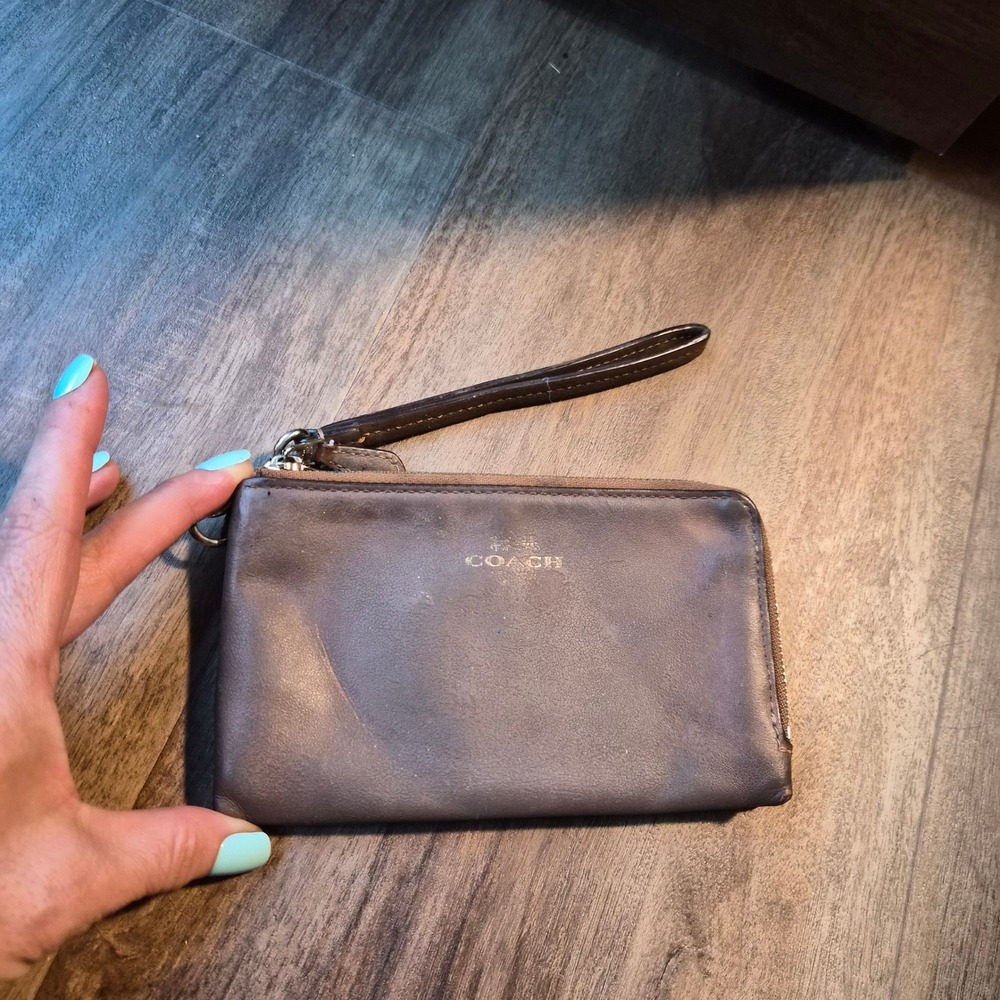 Coach Double Zip Wristlet Brown Leather Gold Logo Wallet Clutch Vintage Y2K